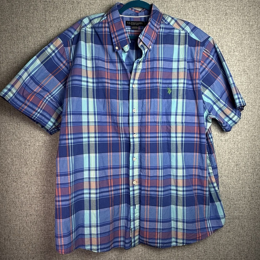 US Polo Association Button‎ Down Short Sleeve Blue Green Purple Plaid Shirt 2XL